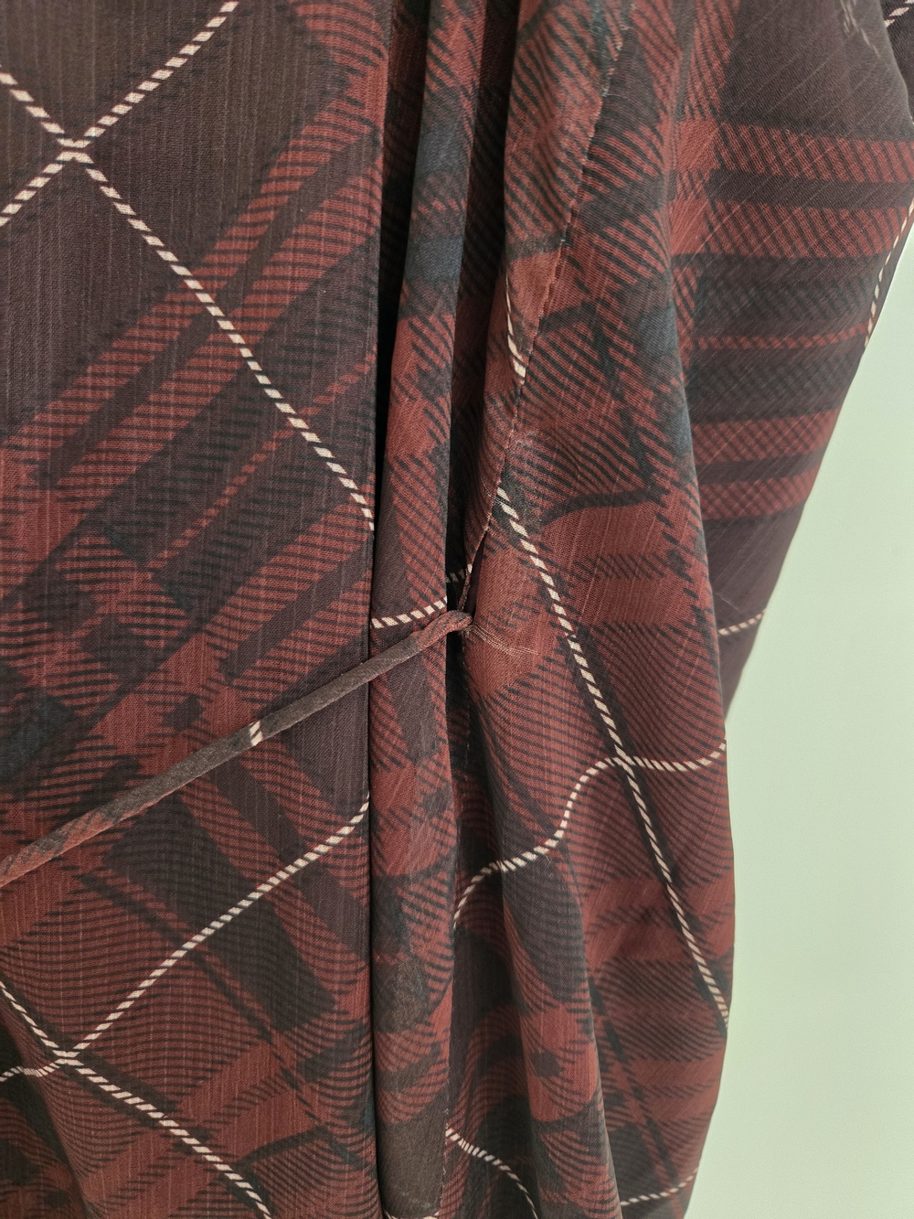 Beivy Asymmetric Ruffle Wrap Dress in Burgundy Plaid Small - Picture 5 of 7